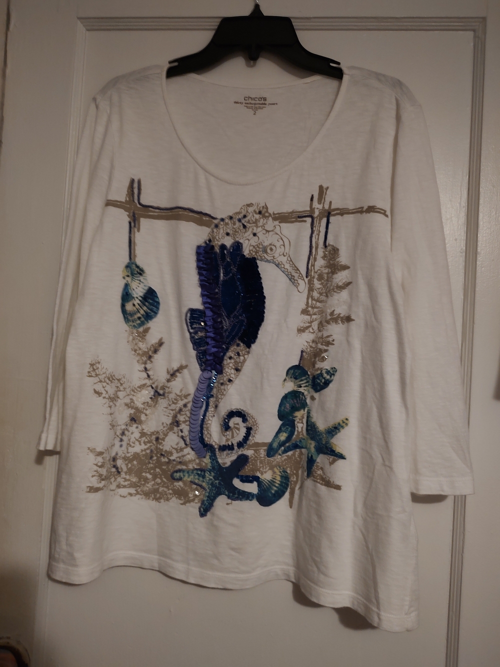 Chico's White Sequin Embellished Seahorse Tee